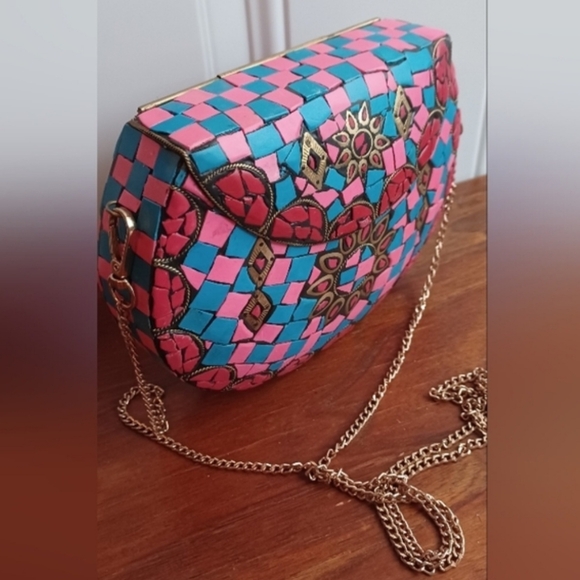 Ramla Handmade Mosaic Clutch Coachella Bollywood Pink Blue Red Festival Boho - Picture 2 of 11